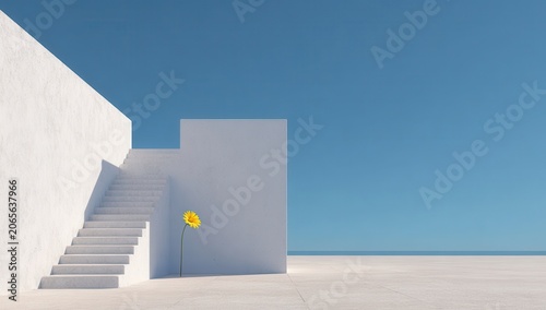 Clean White Minimalist Architecture With Ascending Staircase Under Bright Blue Sky With Ocean Horizon On A Sunny Day