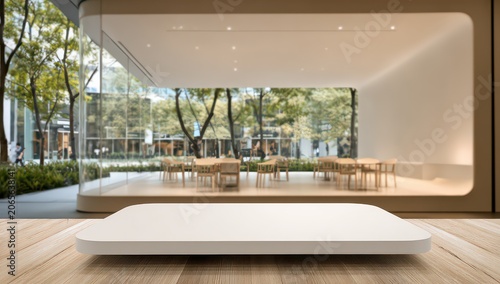 Clean White Rectangular Platform Displaying Against A Softly Blurred Modern Office Cafe Interior With Natural Green Trees Outside