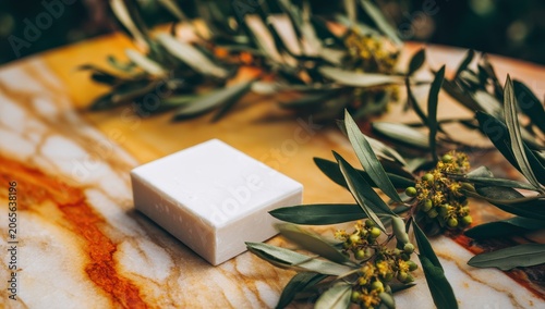 Clean White Rectangular Soap Bar Resting On A Polished Marble Surface With Green Olive Branches And Soft Natural Lighting Emphasizing Purity And Natural Ingredients