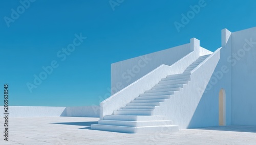 Clean White Staircase Leading Upwards Against A Bright Blue Sky With Textured Walls Creating A Minimalist Architectural Scene With Shadows And Light