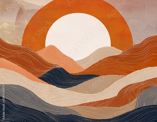 abstract desert landscape with sun with white lines mountain background with watercolor texture in boho style for prints posters covers wall art and home decoration