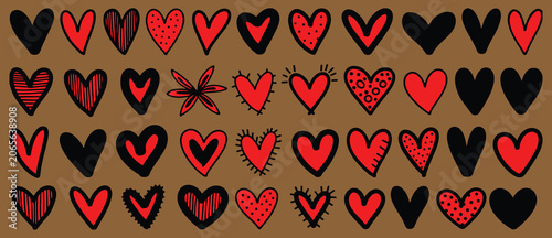 Quadro su tela Collection of handdrawn black and red hearts in various patterns and styles