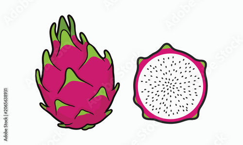 Whole and half pitahaya fruit isolated on white background, fresh dragon fruit vector illustration, exotic tropical fruit, healthy food ingredient.