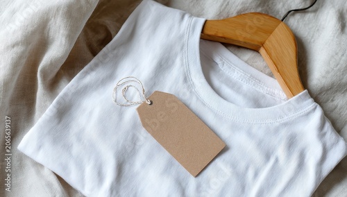 Clean White T-Shirt Mockup with Rustic Cardboard Tag Hanging on Wooden Hanger on Textured Beige Fabric Background Soft Natural Lighting Ideal for Retail Product Display