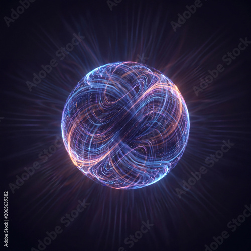 glowing energy sphere background abstract plasma orb with blue and orange light rays on dark