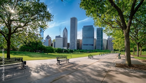 chicago skyline framed by trees at milton lee olive park with benches