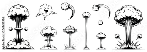 Foto Set of black and white cartoon mushroom cloud explosions and smoke effects