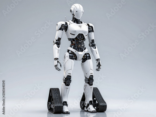 White biped humanoid robot with track wheels studio shot