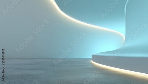 Clean minimalist interior architectural design with flowing curved walls illuminated by soft blue and warm yellow ambient light on a textured concrete floor