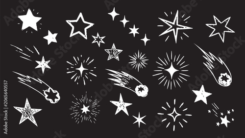 Hand Drawn White Doodle Stars and Meteors Set on Black Background