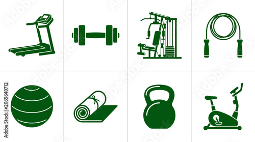 Foto Collection of fitness equipment icons including treadmill, weights, and exercise