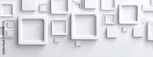 Clean White Abstract Background with Geometric Squares and Rectangles Floating and Casting Shadows in a Minimalist Composition
