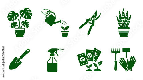 Bild auf Leinwand Set of flat green gardening and houseplant icons.
