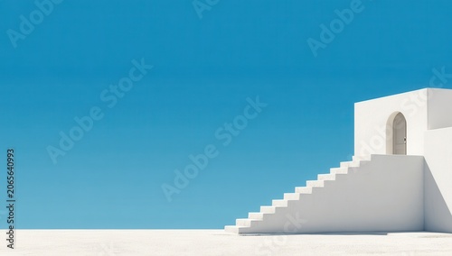 Clean White Architectural Staircase Leading to an Arched Doorway Under a Vibrant Blue Sky