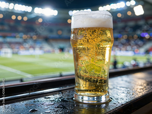 Glass of cold beer at football stadium stand