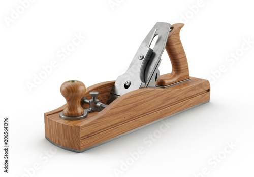 Classic wooden hand plane tool with metal blade for woodworking isolated on white background