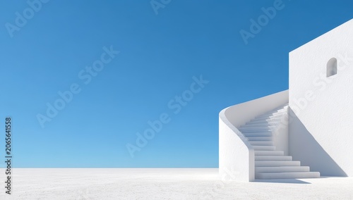 Clean White Building With Textured Walls And Outdoor Staircase Against Vibrant Blue Sky Empty Space For Copy Text