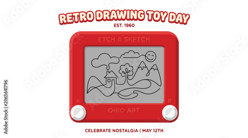A vibrant red Etch A Sketch toy with a landscape drawing on its screen, accompanied by text promoting 'Retro Drawing Toy Day' and 'Celebrate Nostalgia'.
