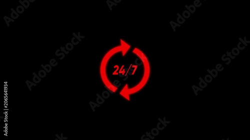 24/7 support service animation, continuous availability symbol