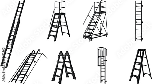 Industrial And Household Ladder Icon Set Featuring Extension Stepladders Platform Stairs And Safety Caged Ladders