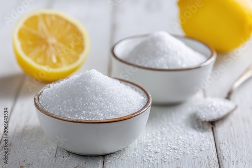 Close up of white crystalline salt in two small ceramic bowls with golden rims on a distressed white wooden table with sliced lemon and whole lemon in background soft natural light