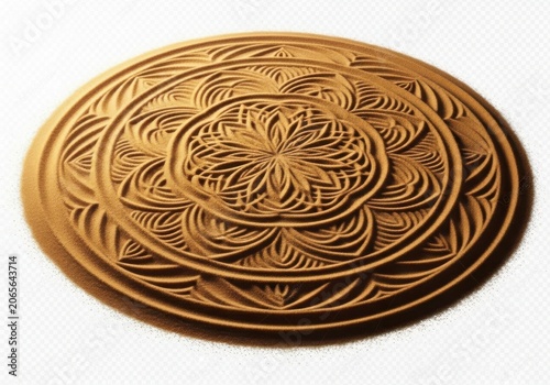 Intricately carved wooden round ornament with floral pattern isolated on white background