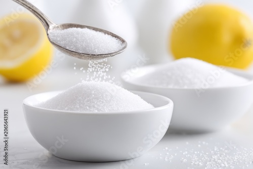 Close up of white sugar granules falling from a silver spoon into a white bowl with two bowls of sugar and lemons in the background in soft natural lighting