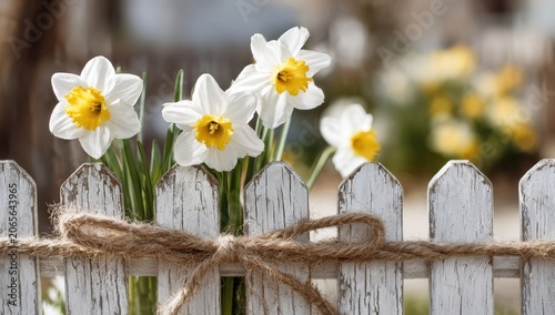 Close up of white picket fence adorned with twine and delicate daffodils bathed in soft spring sunlight creating a charming garden scene