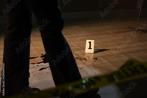 Принти на полотні A bloodstained knife lies beside numbered evidence markers and blood spatter on a dark floor at a crime scene murder investigation