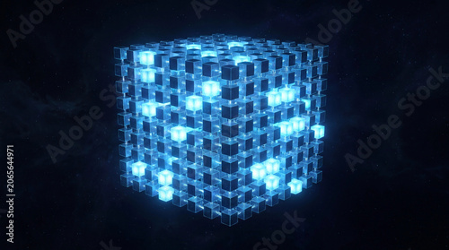 glowing blue cube grid background abstract blockchain data block structure on dark space