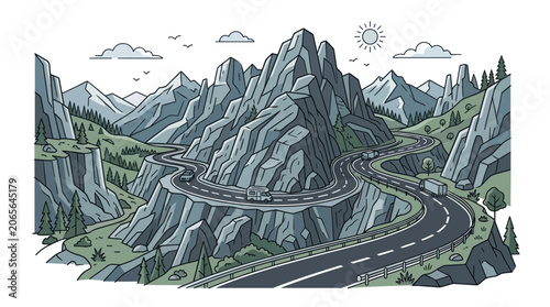 Billede på lærred Scenic winding mountain road pass with vehicles and towering peaks