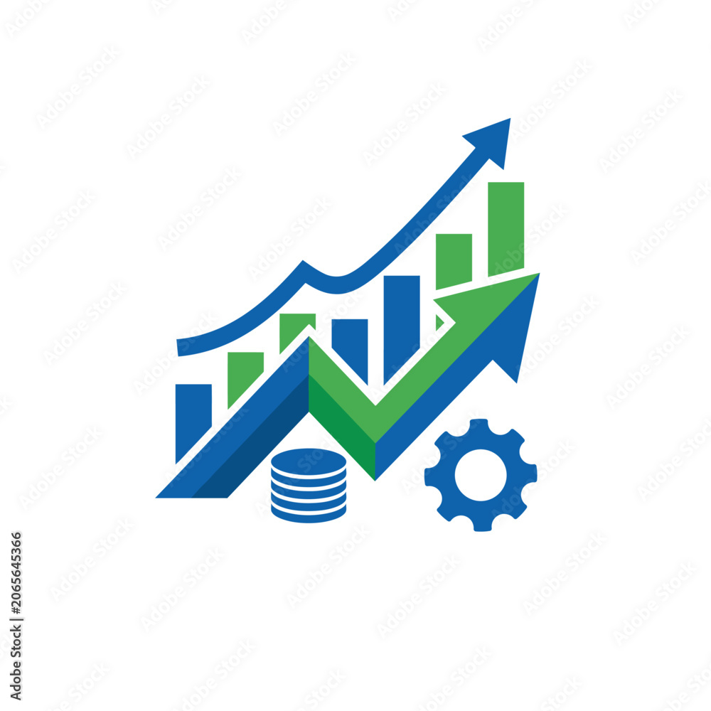 Fototapeta premium Business Growth Analytics and Security Icon Set – Financial Growth Chart with Upward Arrow, Data Protection and Upload Vector Illustration