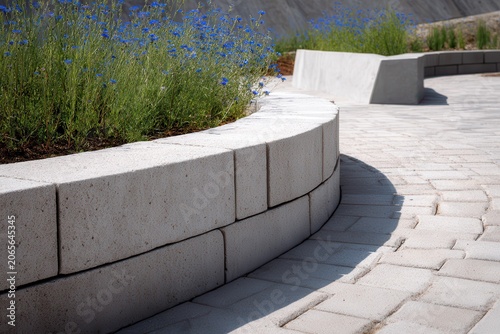 Close-up Outdoor Concrete Curved Seating Wall with Greenery and Blue Flowers on a Sunny Day Detailed Textured Surface and Paved Pathway