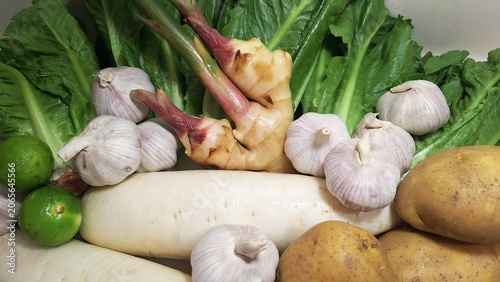 Close-up of mixed fresh ingredients vegetables for cooking