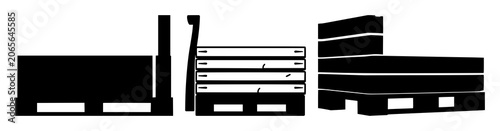 Pallet icon set with solid black graphic on white background featuring heavy duty, warehouse, logistics with simple line art and silhouette