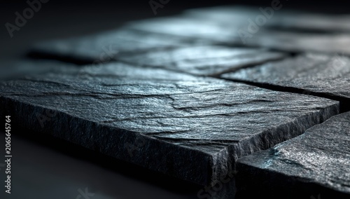 Close up of textured navy blue slate tiles with a rough surface detail and shimmering highlights under soft studio lighting creating a natural stone background effect