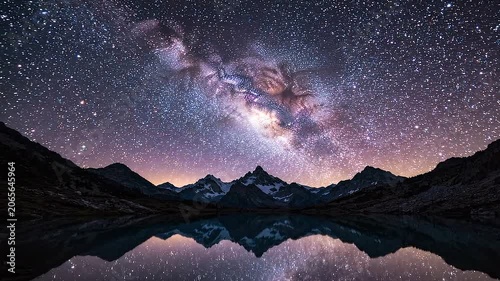 Milky Way Galaxy Rotating Over Snowy Mountain Peaks and Reflecting in Still Lake Water at Night, Astrophotography Time-lapse