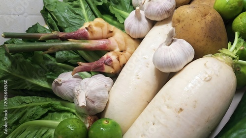 Close-up of mixed fresh ingredients vegetables for cooking