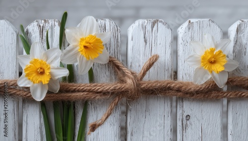 Close-up of Three White Daffodils with Yellow Centers Tied with Twine to a White Picket Fence with Green Stems and a Blurred Background Suggesting Spring
