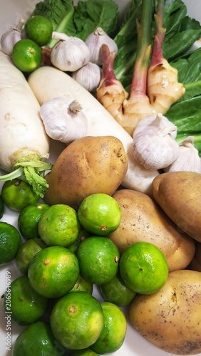 Close-up of mixed fresh ingredients vegetables for cooking