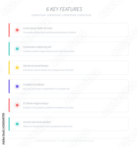 Vertical features list infographic template with 6 items and color accents
