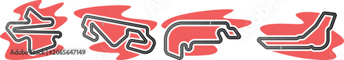 Vector collection of race track layout outlines with abstract red speed streaks isolated on a white background.