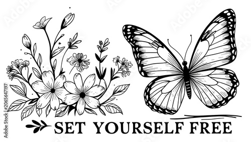 Elegant Line Art Butterfly and Floral Composition with Inspirational Quote in Bold Curved Text