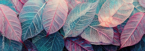Close Up of Translucent Autumn Leaves With Glowing Veins in Pink Blue and Teal Tones Against a Dark Background Macro View