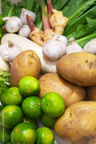 Close-up of mixed fresh ingredients vegetables for cooking