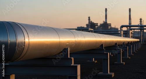 Long industrial metal pipeline with oil refinery plant at sunset, energy industry