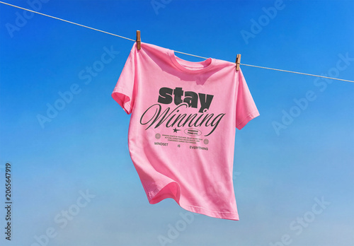 Mockup of pink T-shirt Drying on Clothesline in Sun