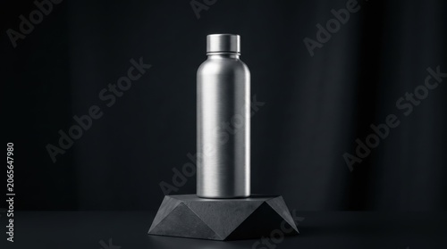 Metallic water bottle on a geometric pedestal