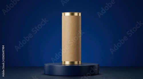 Cardboard tube packaging with metal lids on pedestal