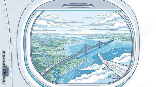 Obraz na płótnie Airplane window view of a suspension bridge and coastal landscape